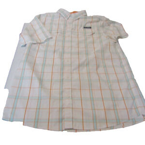 Columbia PFG Orange Blue Plaid Size Large Button Down Shirt SS Vent